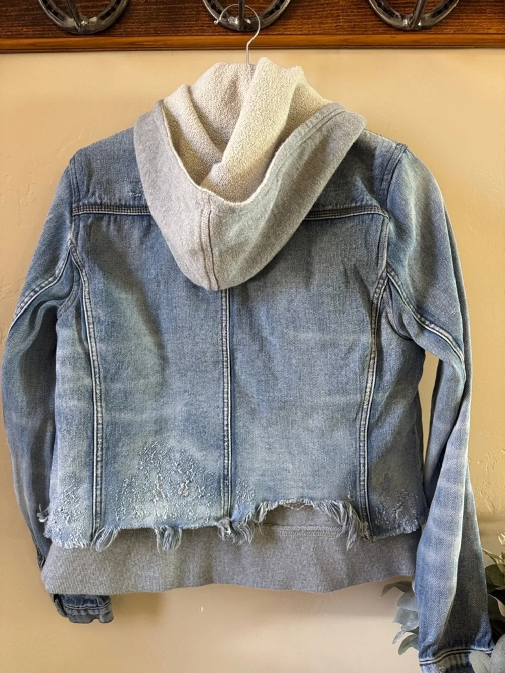 Free People Light Blue Distressed Denim Jacket with Heather Gray Hoodie - Picture 9 of 14